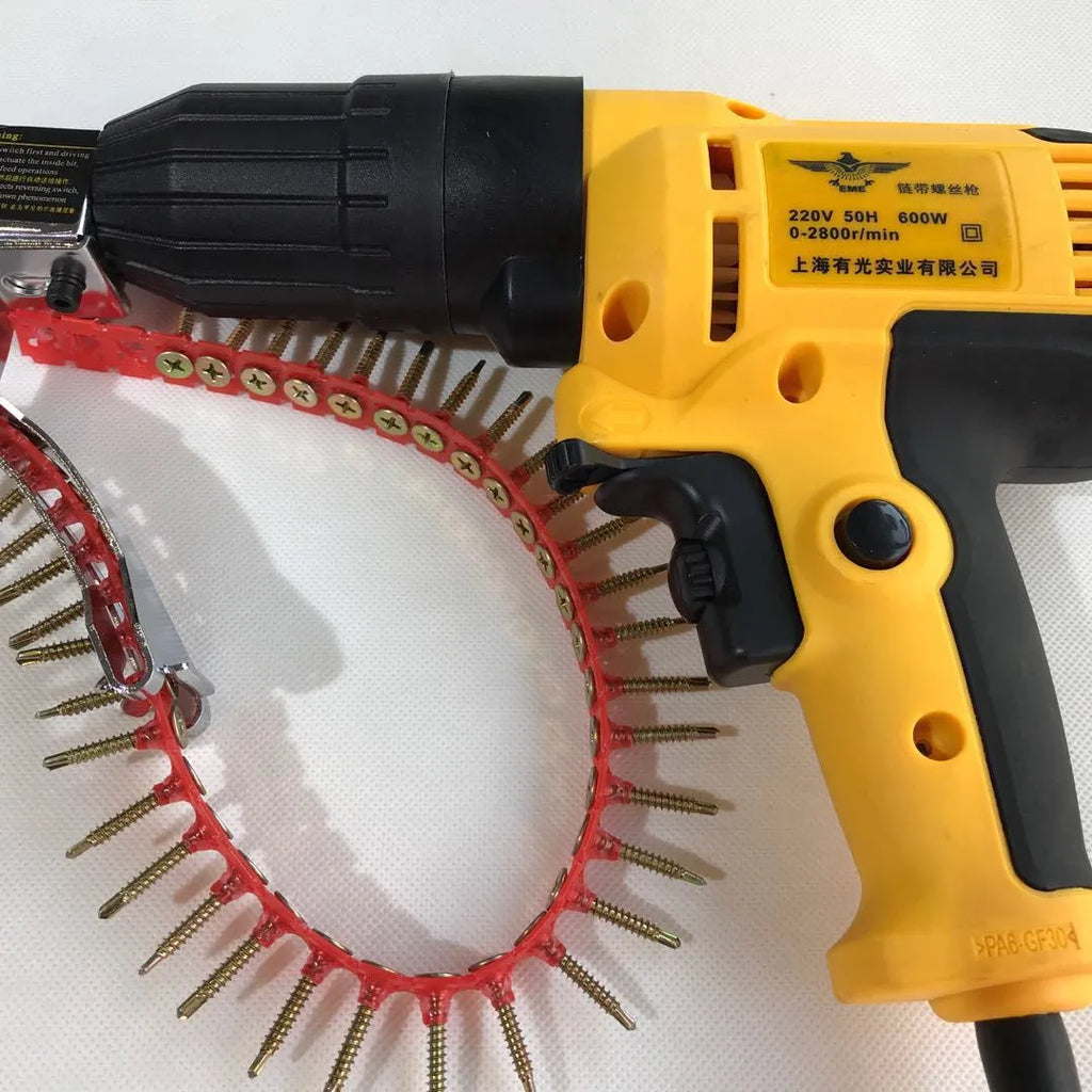 Yellow handheld rechargeable electric chain belt screw machine with pistol grip.