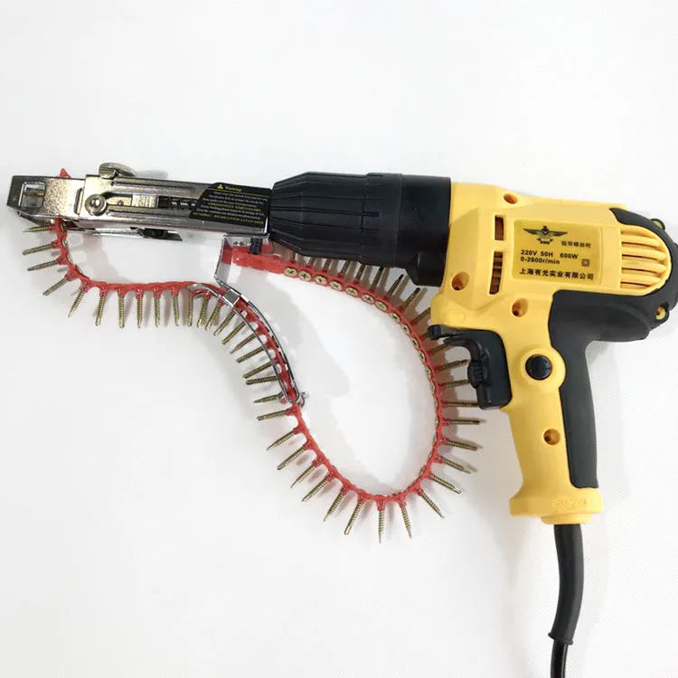 Yellow handheld rechargeable electric chain belt screw machine with pistol grip.
