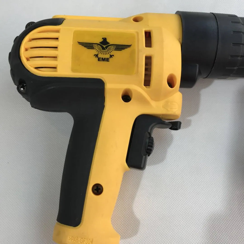 Yellow handheld rechargeable electric chain belt screw machine with pistol grip.