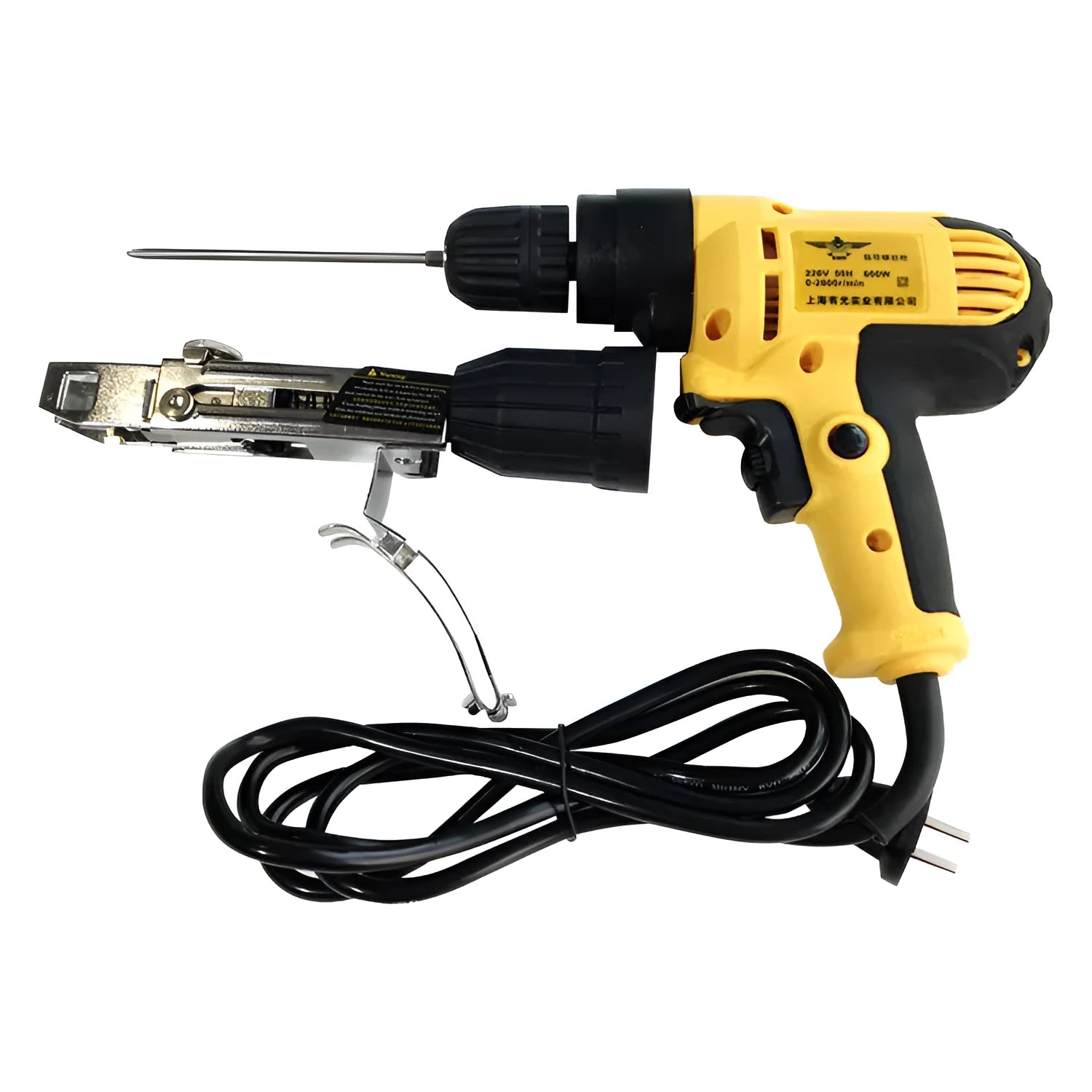 Yellow handheld rechargeable electric chain belt screw machine with pistol grip.