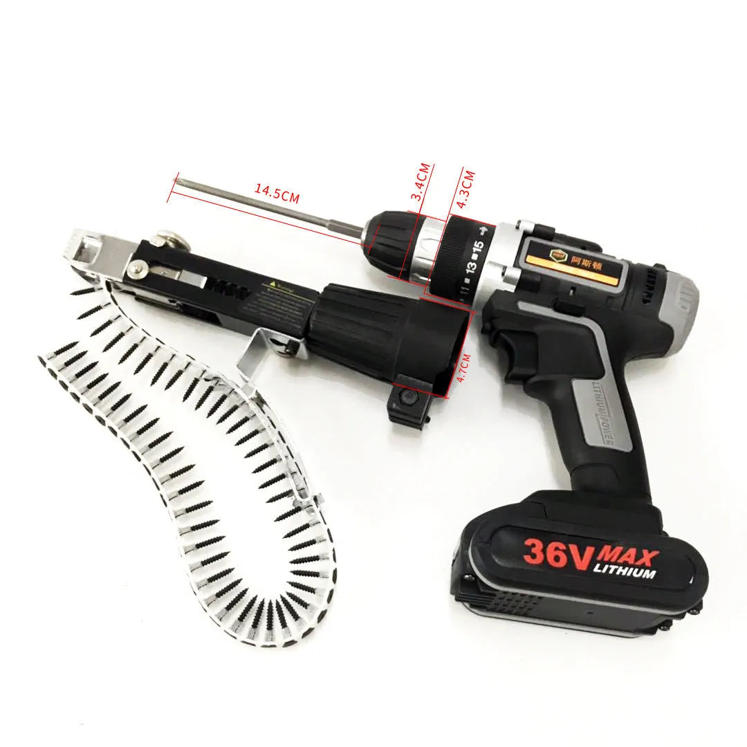 Yellow handheld rechargeable electric chain belt screw machine with pistol grip.