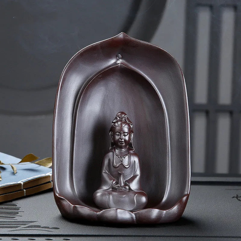 Ceramic Guanyin sitting lotus back flow incense burner for Buddhist altar use