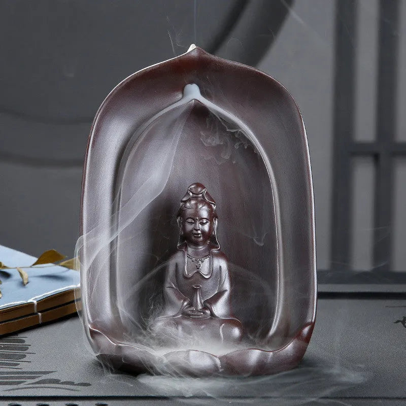 Ceramic Guanyin sitting lotus back flow incense burner for Buddhist altar use