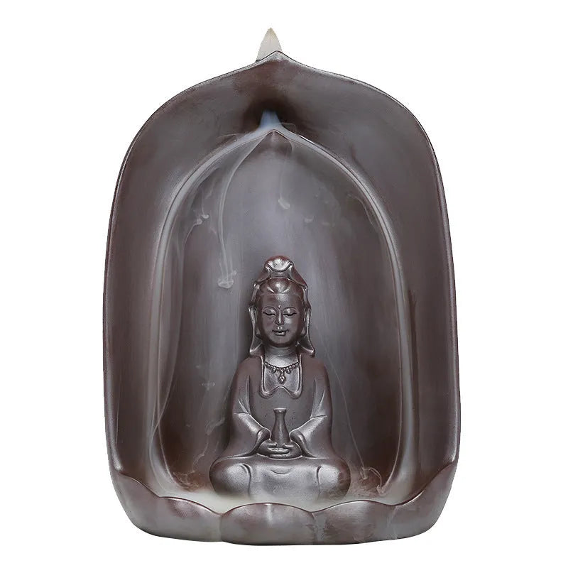 Ceramic Guanyin sitting lotus back flow incense burner for Buddhist altar use