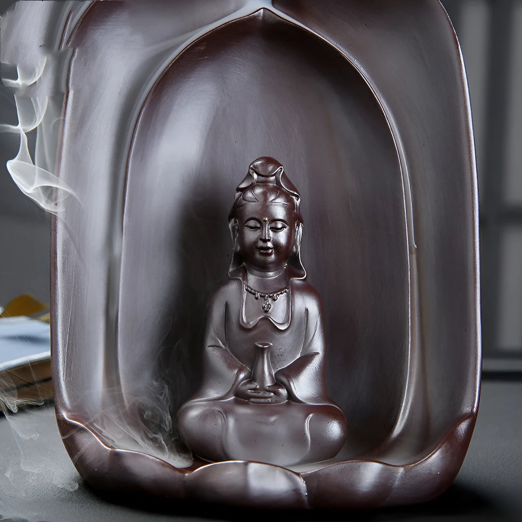 Ceramic Guanyin sitting lotus back flow incense burner for Buddhist altar use
