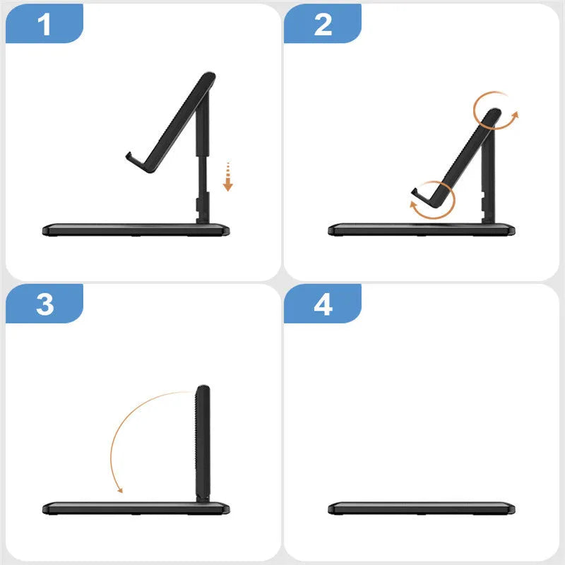 Retractable folding mobile phone stand in extended position on desktop