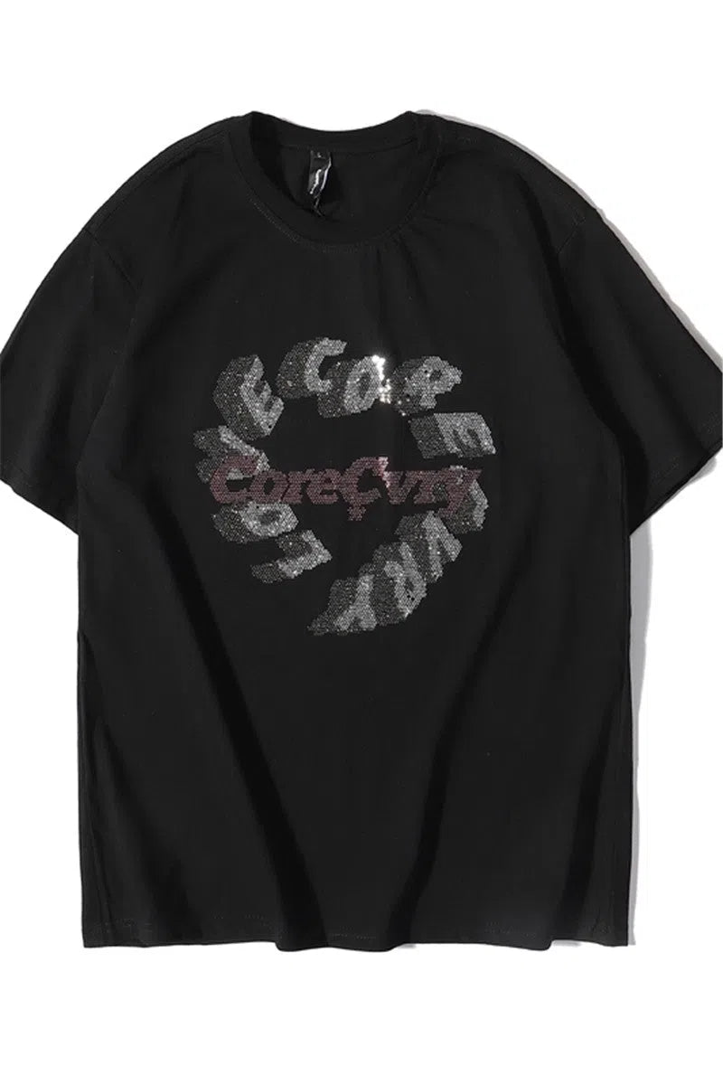 Loose round neck short sleeve T-shirt for men and couples in black or white, sizes S to 2XL