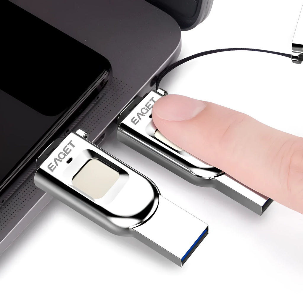 64GB fingerprint encryption dual-use USB drive with metal shell, Type-C and USB3.0 interface, light grey