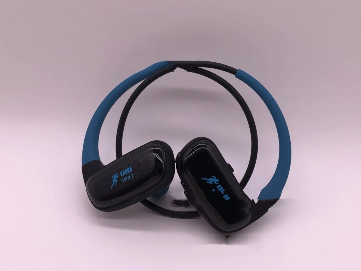 Wireless Bluetooth headset in black with hanging ear design, battery display and bilateral earbuds