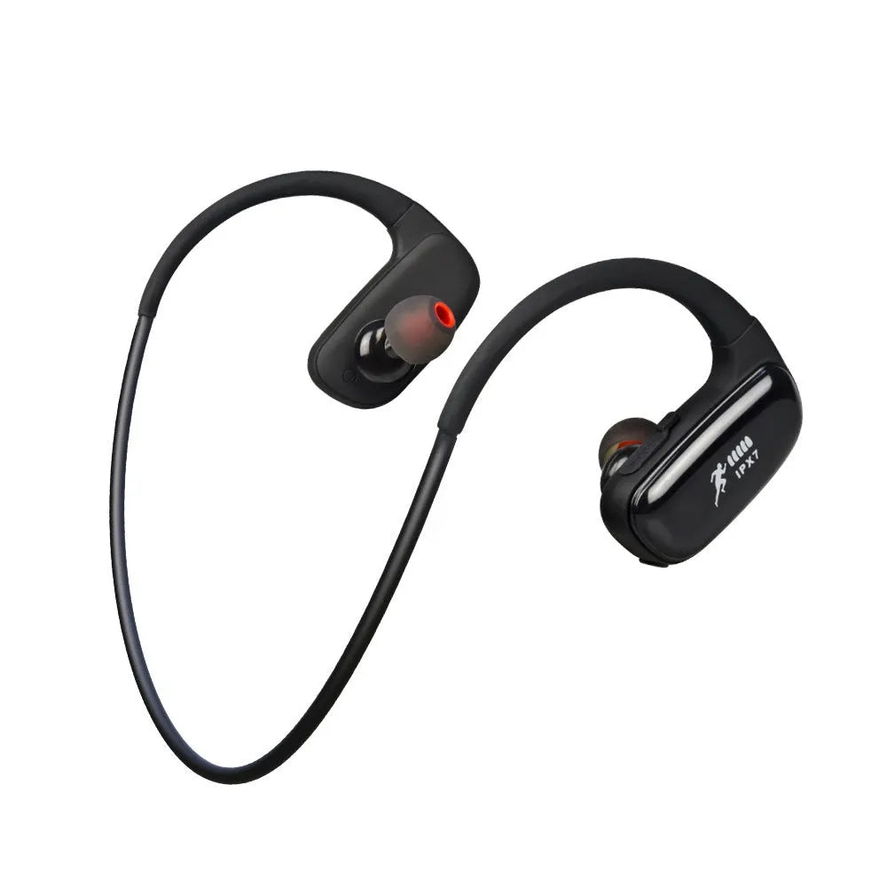 Wireless Bluetooth headset in black with hanging ear design, battery display and bilateral earbuds