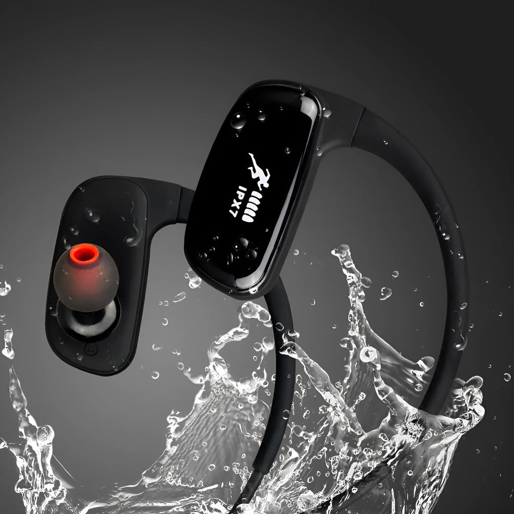 Wireless Bluetooth headset in black with hanging ear design, battery display and bilateral earbuds