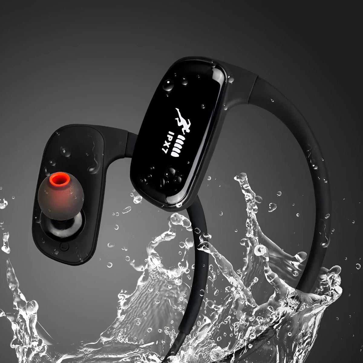 Wireless Bluetooth headset in black with hanging ear design, battery display and bilateral earbuds