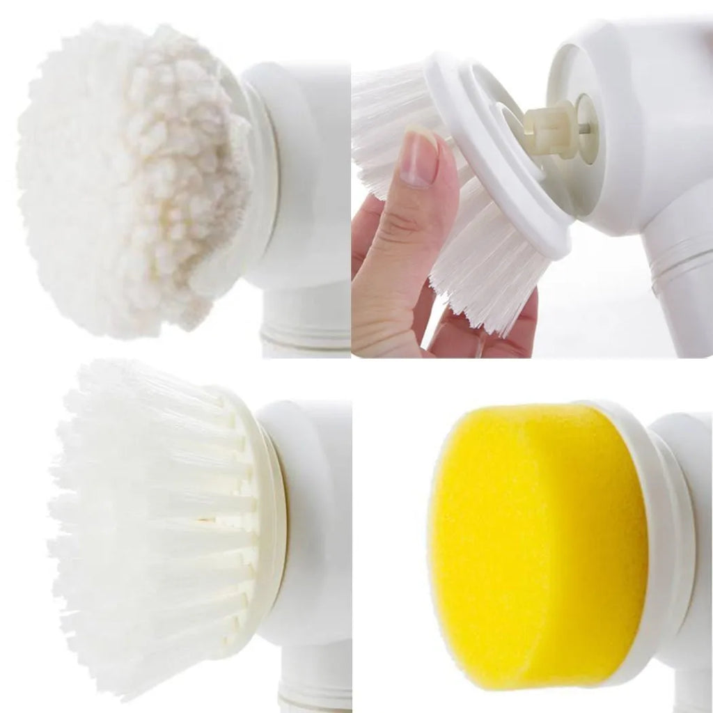 White electric cleaning brush with three interchangeable nylon heads for bathtub and household cleaning