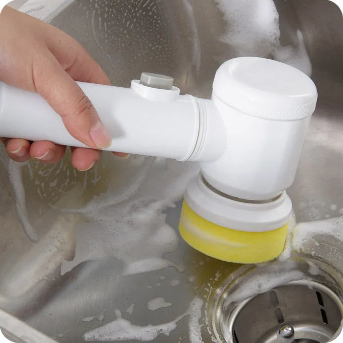 White electric cleaning brush with three interchangeable nylon heads for bathtub and household cleaning