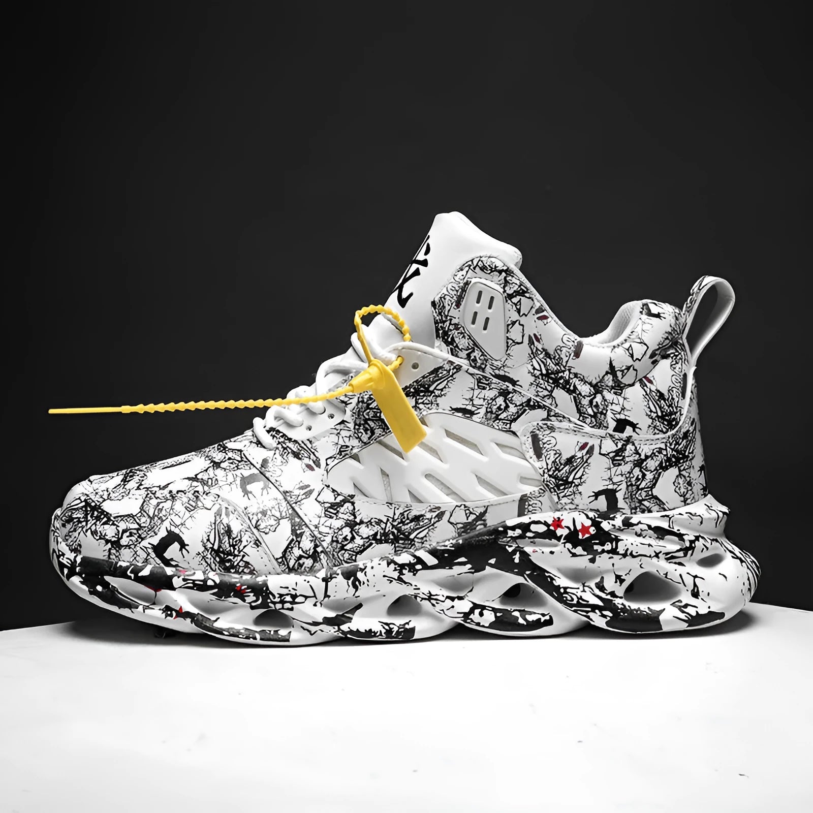 Men's black camouflage high-top basketball shoe with a rubber sole.