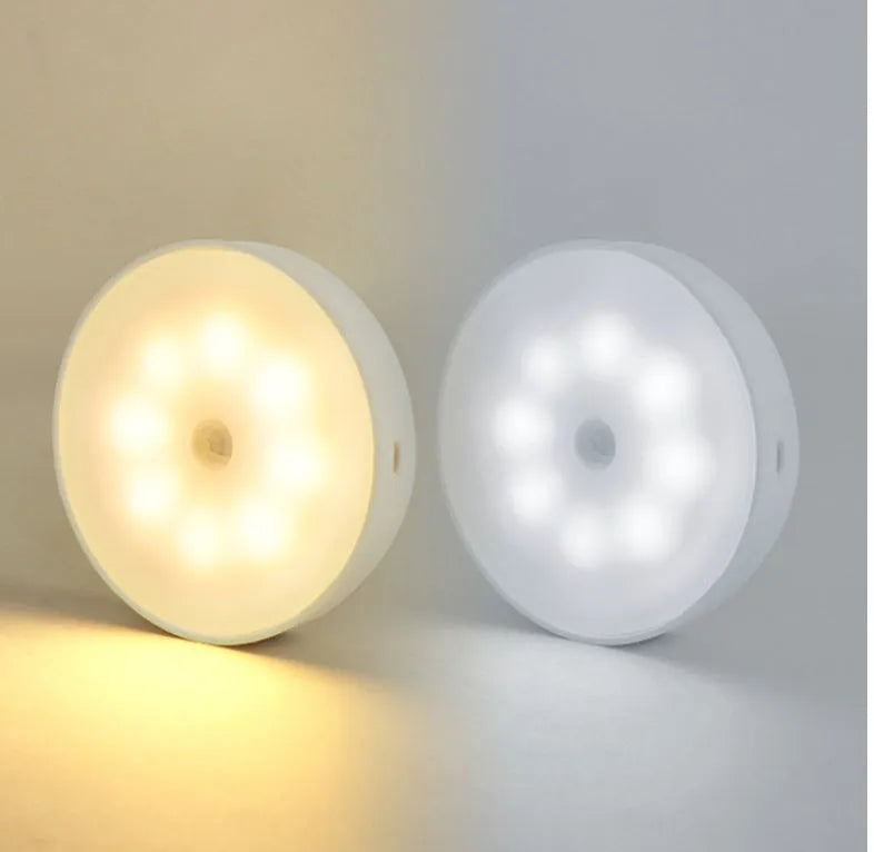 Round USB rechargeable motion sensor light with PIR sensor, 86mm diameter, ABS plastic body, LED puck light for kitchen cabinets