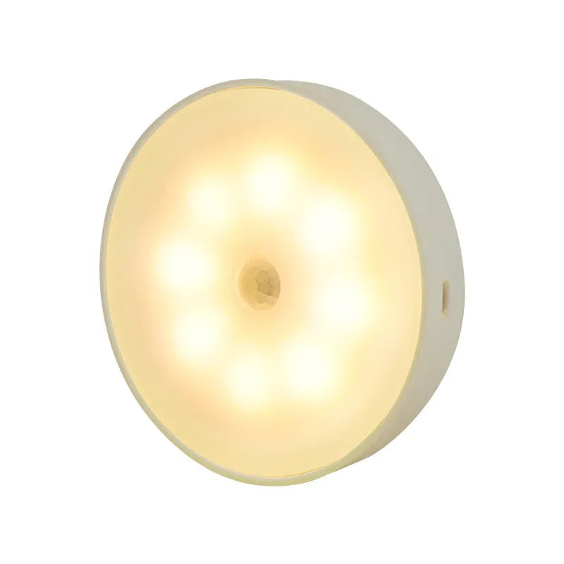 Round USB rechargeable motion sensor light with PIR sensor, 86mm diameter, ABS plastic body, LED puck light for kitchen cabinets
