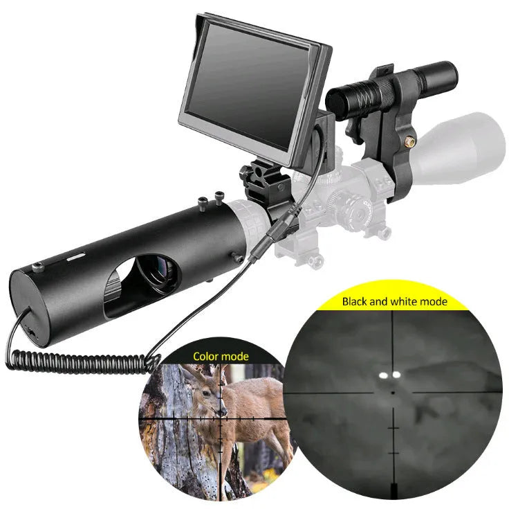 Black digital night vision goggles with 5-inch LCD screen and separate infrared transmitter