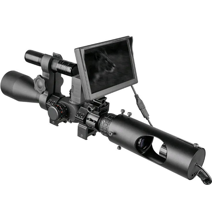 Black digital night vision goggles with 5-inch LCD screen and separate infrared transmitter
