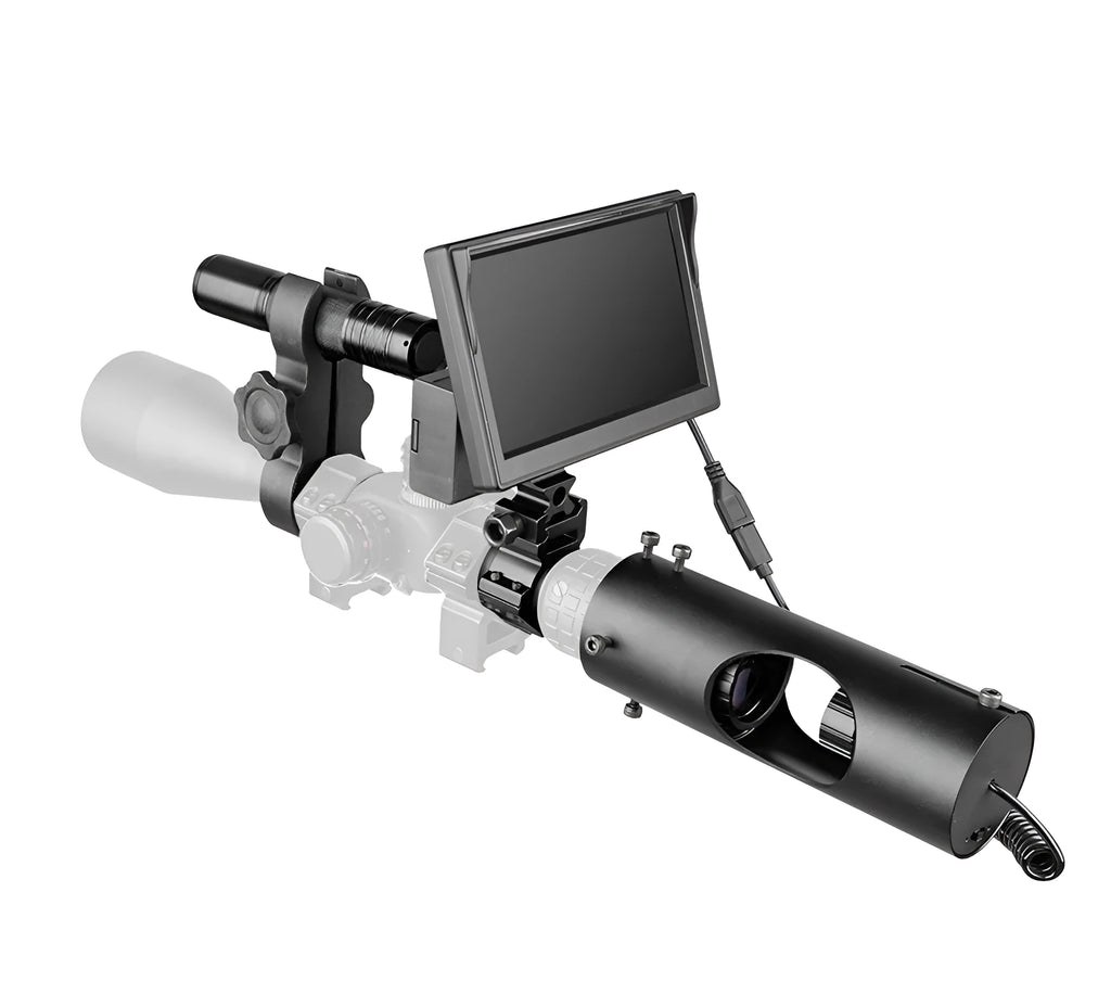 Black digital night vision goggles with 5-inch LCD screen and separate infrared transmitter