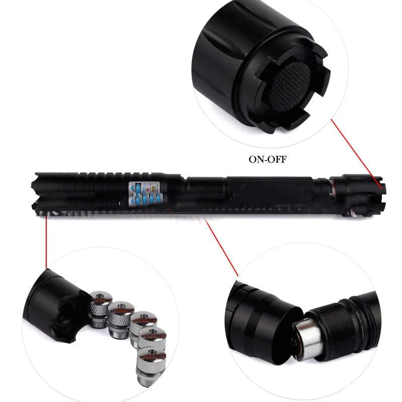 Black hard aluminium 450nm laser pointer, 25mm x 193mm, with tail lock switch for outdoor rescue signalling.