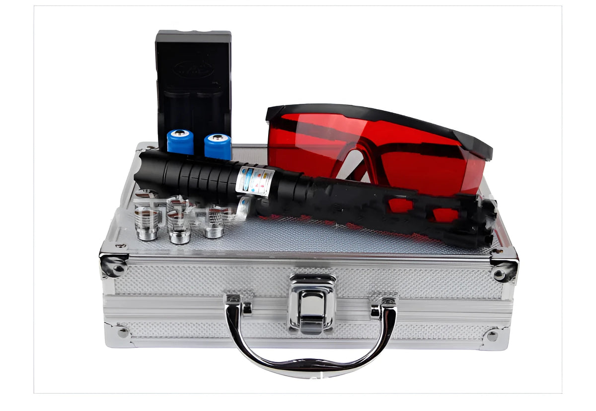 Black hard aluminium 450nm laser pointer, 25mm x 193mm, with tail lock switch for outdoor rescue signalling.