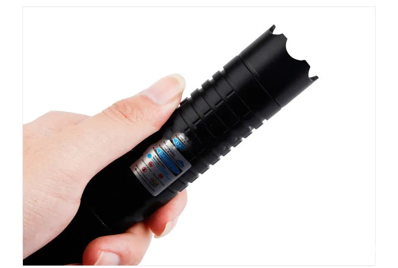 Black hard aluminium 450nm laser pointer, 25mm x 193mm, with tail lock switch for outdoor rescue signalling.
