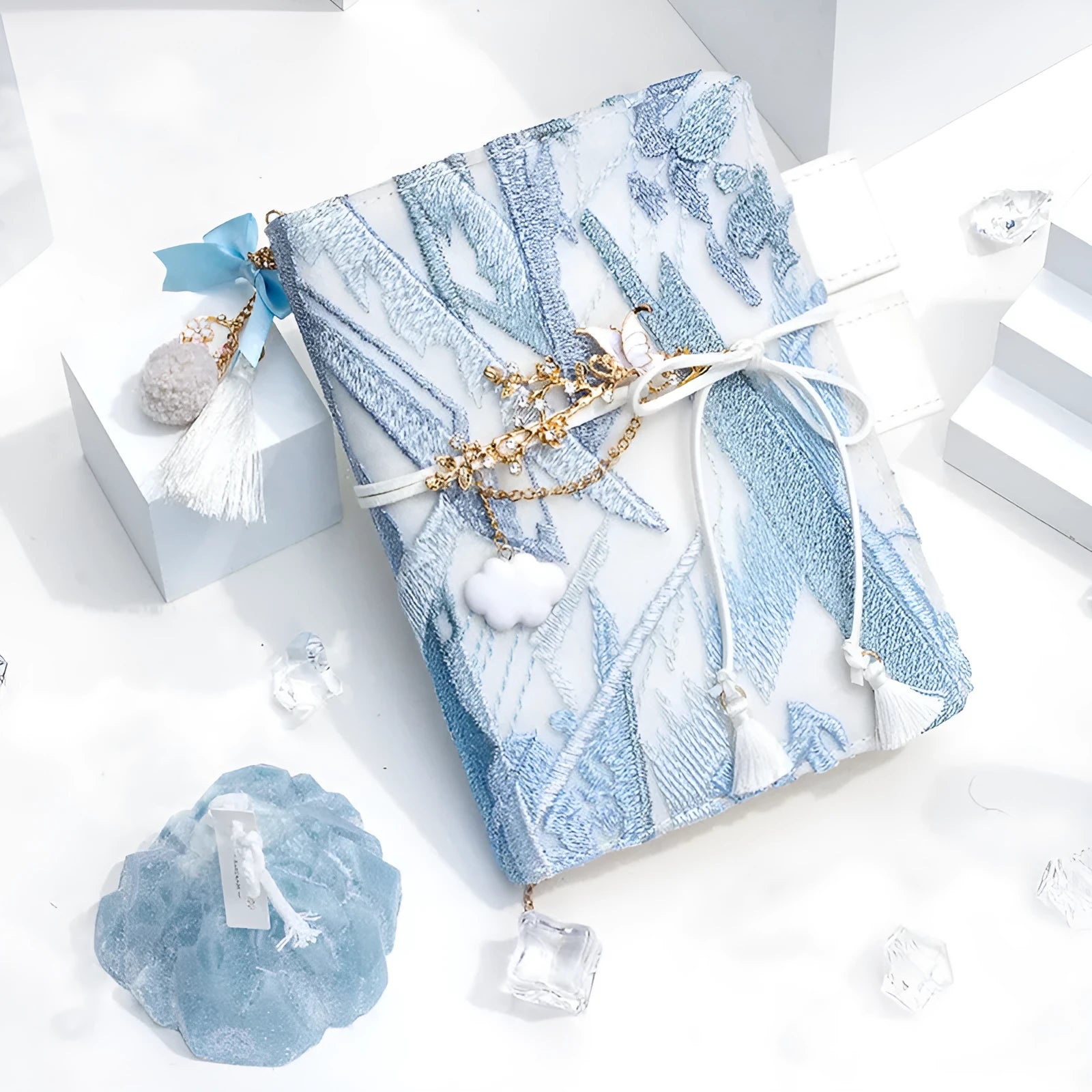 Glacier embroidery pattern fabric notebook with grid pages in A6 and A5 sizes.