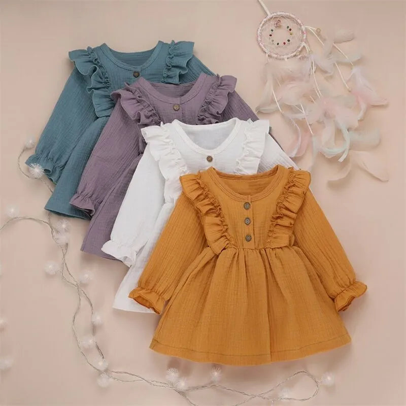 Baby girl spring dress, long sleeve polyester mini dress with O collar and ruffled design, green purple white yellow.