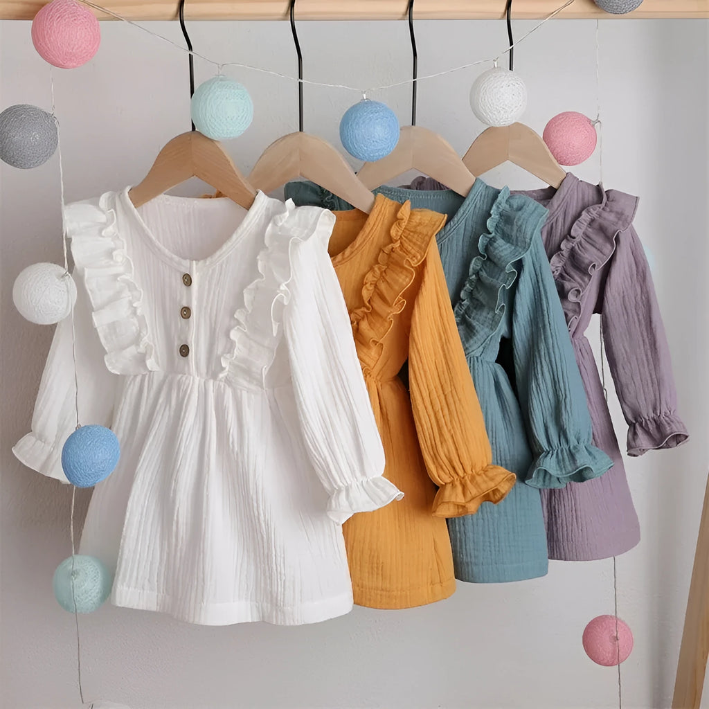 Baby girl spring dress, long sleeve polyester mini dress with O collar and ruffled design, green purple white yellow.