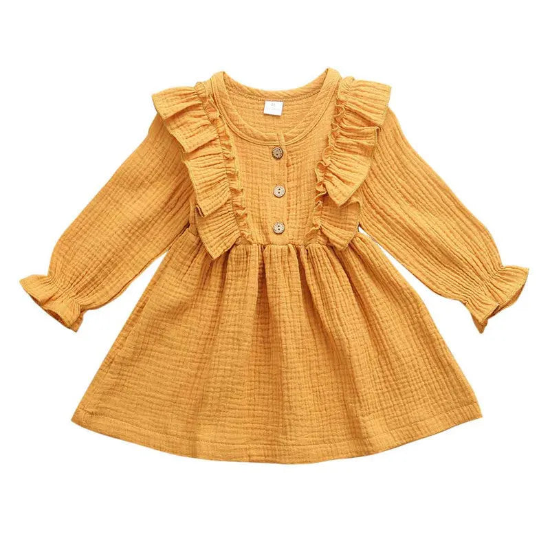 Baby girl spring dress, long sleeve polyester mini dress with O collar and ruffled design, green purple white yellow.