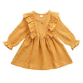 Baby girl spring dress, long sleeve polyester mini dress with O collar and ruffled design, green purple white yellow.