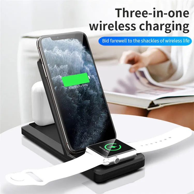 Three-in-one wireless charger charging stand with indicator, available in black, white, grey, green, and yellow