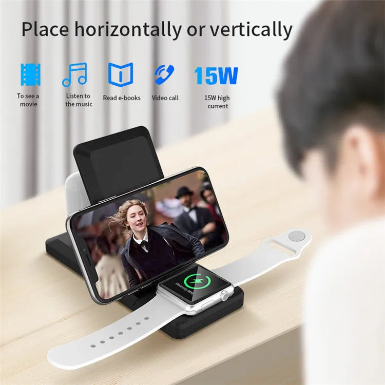 Three-in-one wireless charger charging stand with indicator, available in black, white, grey, green, and yellow