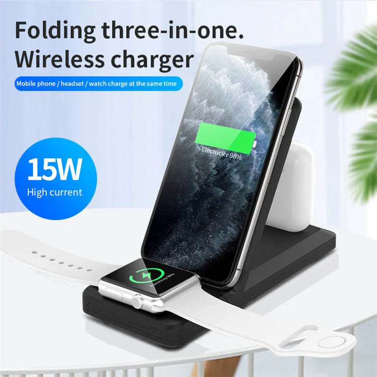 Three-in-one wireless charger charging stand with indicator, available in black, white, grey, green, and yellow