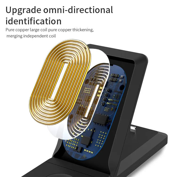 Three-in-one wireless charger charging stand with indicator, available in black, white, grey, green, and yellow