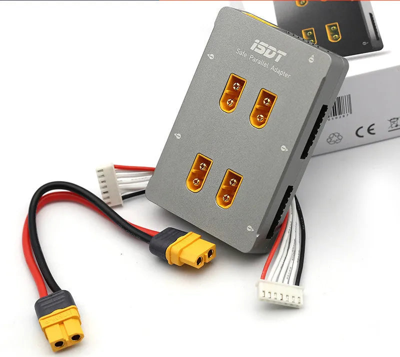 Grey aluminium parallel charging board for Astor model aircraft batteries with bullet connectors