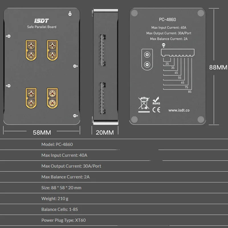 Grey aluminium parallel charging board for Astor model aircraft batteries with bullet connectors
