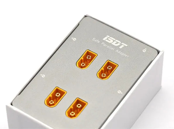 Grey aluminium parallel charging board for Astor model aircraft batteries with bullet connectors