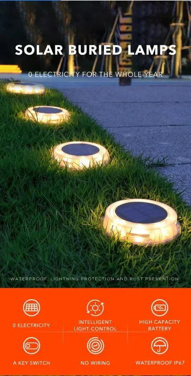 8 LED solar outdoor lawn lamp with IP67 waterproof housing and 1800mAh battery on a garden path