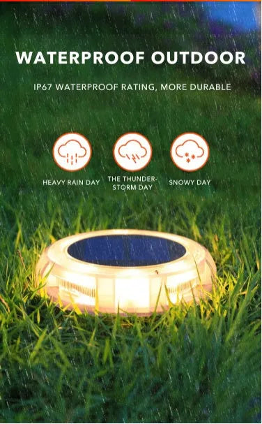 8 LED solar outdoor lawn lamp with IP67 waterproof housing and 1800mAh battery on a garden path