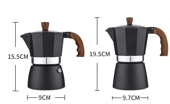 Italian mocha coffee pot in aluminium with long handle, black colour, standing on a stovetop