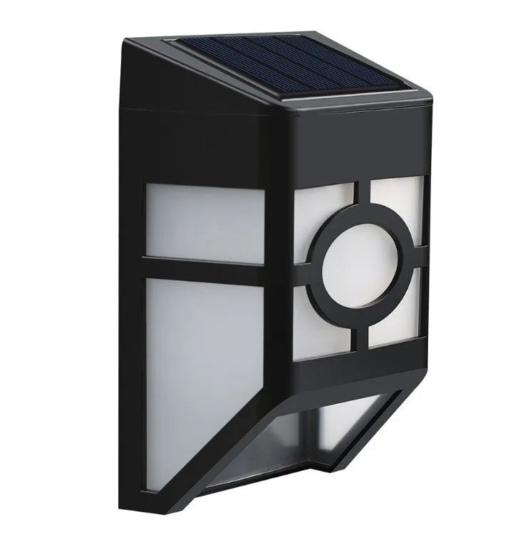 Retro-style white solar wall light with solar panel and two LEDs, shown next to a mounting screw.
