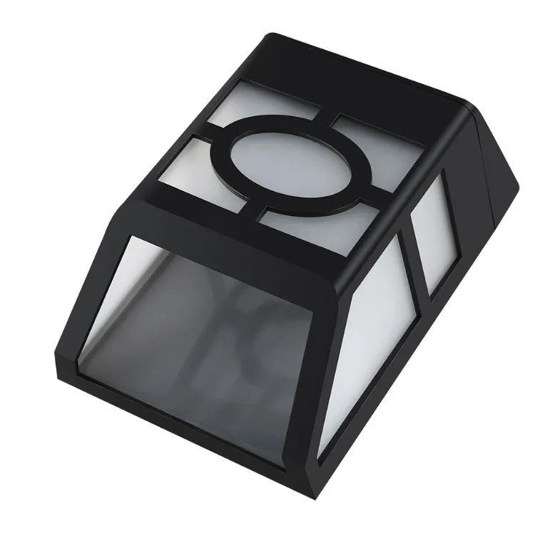 Retro-style white solar wall light with solar panel and two LEDs, shown next to a mounting screw.