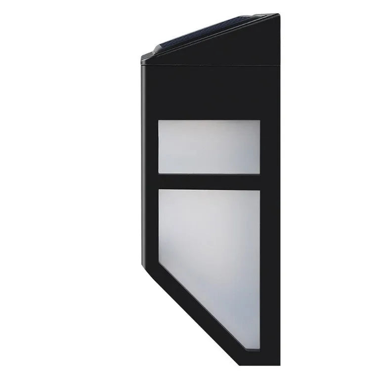Retro-style white solar wall light with solar panel and two LEDs, shown next to a mounting screw.