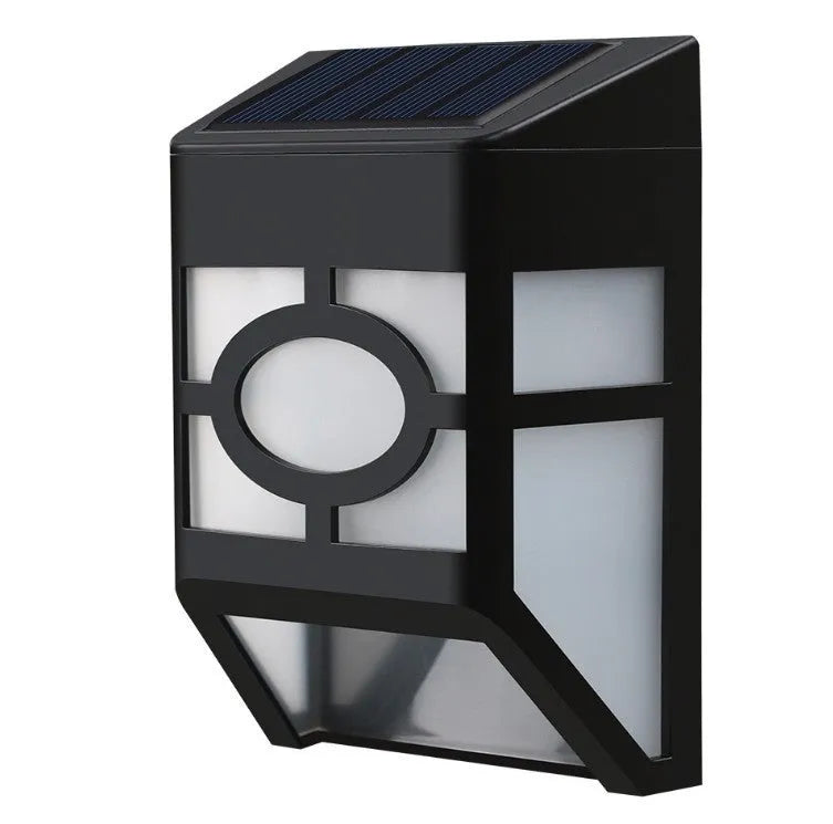 Retro-style white solar wall light with solar panel and two LEDs, shown next to a mounting screw.