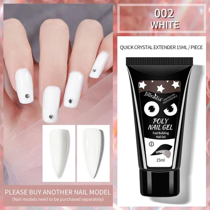 Crystal extension gel nail phototherapy gel in a 15ml bottle with colour swatch showing eight shade options