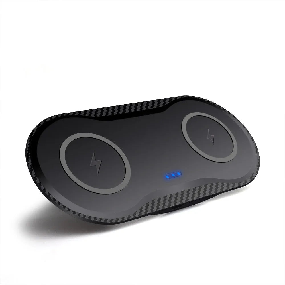 Dual 15W 2-in-1 wireless charger in black ABS with two charging coils and indicator light
