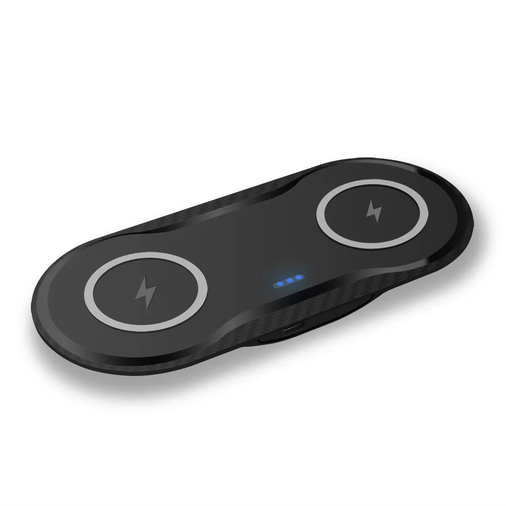 Dual 15W 2-in-1 wireless charger in black ABS with two charging coils and indicator light