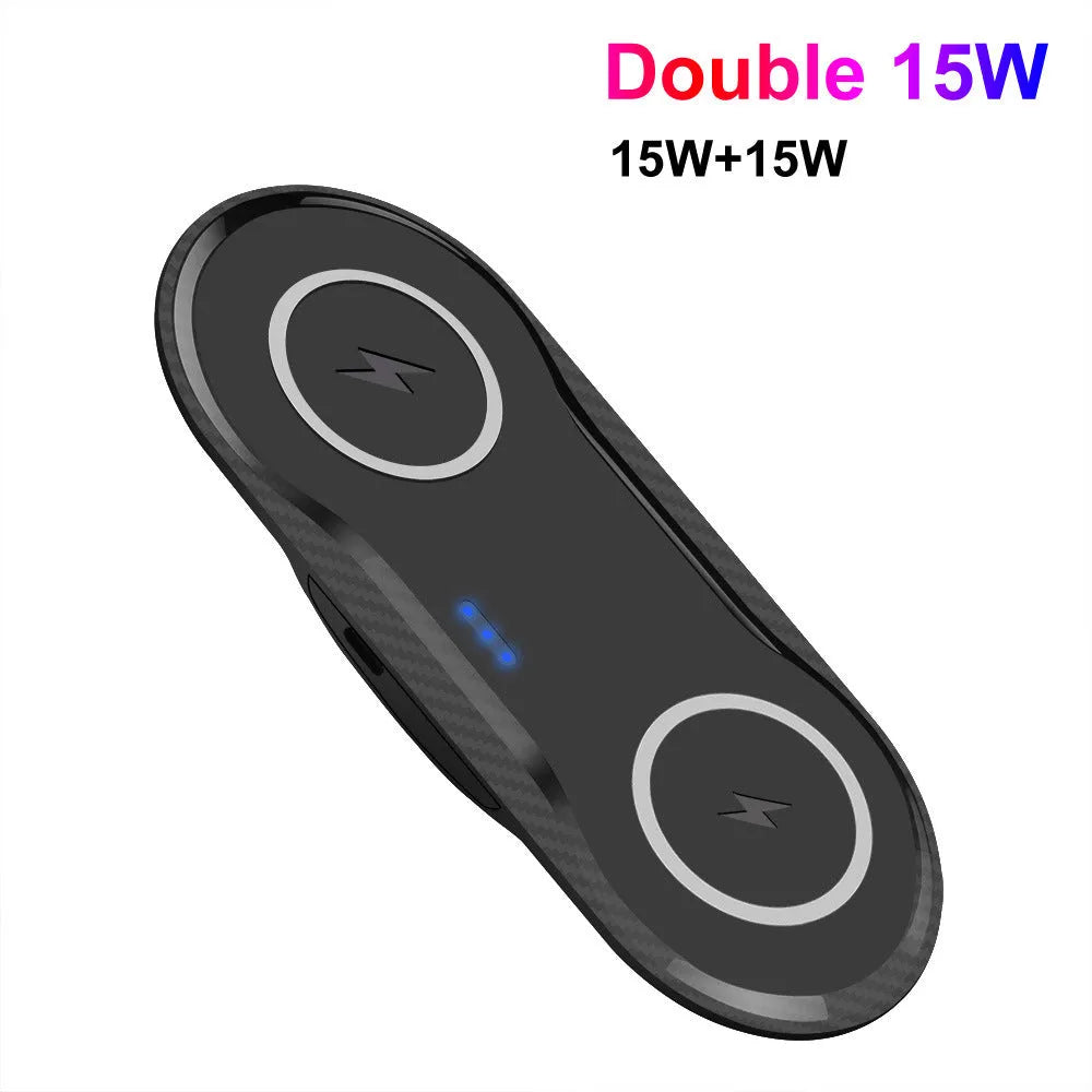 Dual 15W 2-in-1 wireless charger in black ABS with two charging coils and indicator light